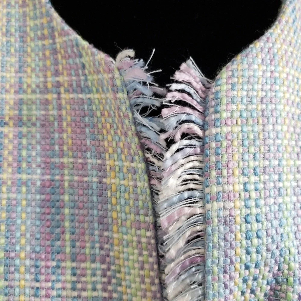 Vintage Maggie Barnes Pastel‎ Mint Lavender Raw Frayed Open Blazer Plus Size 18W